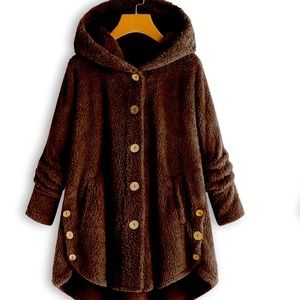 Ladies Brown Cozy Fleece Hooded Sherpa Coat - Button Teddy Bear Jacket. Sz M.